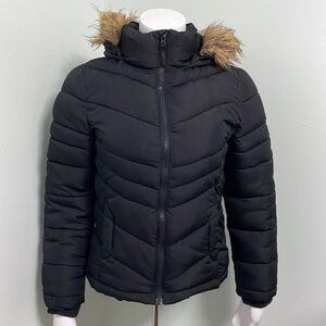 Girls black winter jacket with faux fur hood